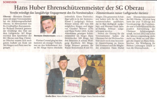 Artikel im Garmisch-Partenkirchner Tagblatt über die Vereinsmeisterschaft mit Foto von Hermann Zimmermann und Foto von Hans Huber mit Hans Steinbrecher bei der Ernennung zum Ehrenschützenmeister
