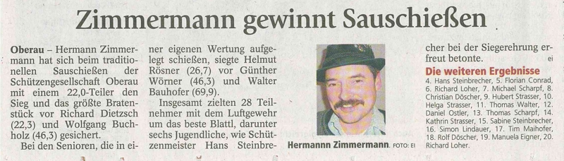 Artikel im Garmisch-Partenkirchner Tagblatt über das Sauschießen mit kleinem Foto von Hermann Zimmermann, einem der Sieger